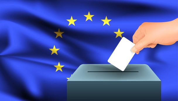 Erkek el, Avrupa Birliği bayrağının arka planına karşı bir oy pusulasının sembolü olarak beyaz bir sayfa koyar. AB seçimlerin sembolü - Vektör, Görsel