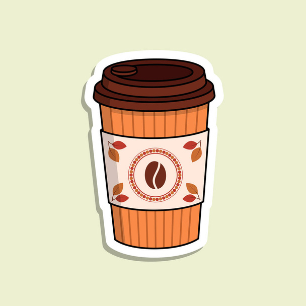 Geïsoleerde vector koffiebeker op de lichtgroene achtergrond. Koffieboon logo met rode cirkel frame. Kleurrijke verpakking voor koffie te gaan. Cartoon sticker in herfstkleuren. - Vector, afbeelding