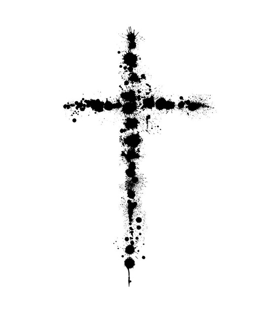 Banner vectorial o ilustración sobre el tema religioso. Cruz negra abstracta con salpicaduras, gotas e inscripción INRI - Vector, Imagen