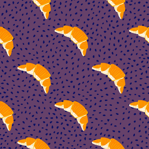 Luminoso modello senza cuciture di Parigi con ornamento di croissant. Arancione cibo gustose silhouette su sfondo punteggiato viola. Perfetto per il design del tessuto, la stampa tessile, l'avvolgimento, la copertura. Illustrazione vettoriale. - Vettoriali, immagini