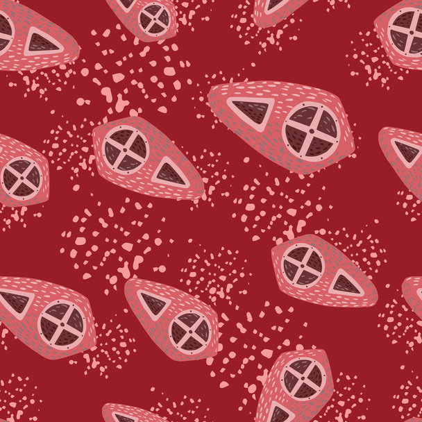 Ancient seamless pattern with doodle random shield print. Steel weapon elements on red blood background with splashes. War theme. For fabric design, textile print, wrapping, cover. Vector illustration - Wektor, obraz