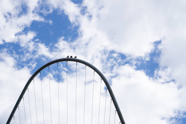 3 holubi sedí na oblouku drátěné kovové konstrukce s oblohou pozadí - Fotografie, Obrázek