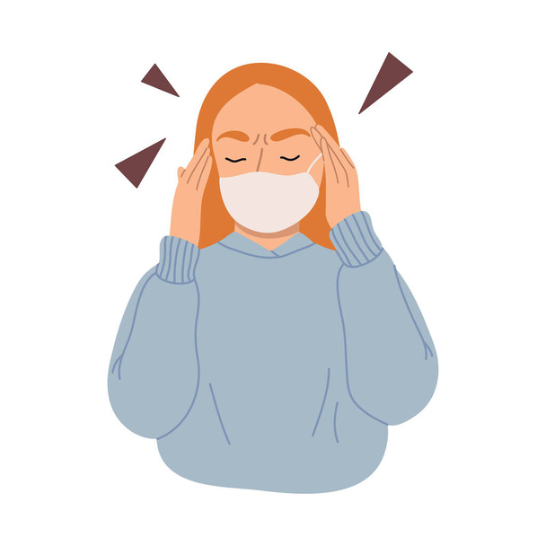 Portraits of angry, furious young woman in blue pullover with face mask to protect against the virus isolated on white background. Flat cartoon vector hand drawn illustration. - Vector, Image