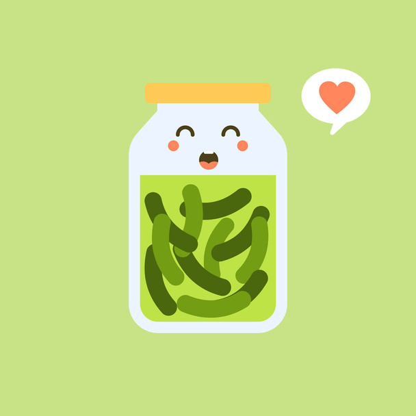 Kawaii and cute pickles in jar, isolated jar of pickled cucumbers. Marinated vegetables in can, homemade production full of probiotics. Fermented veggies, crunch gherkin with salt. Flat design style - Vector, Image