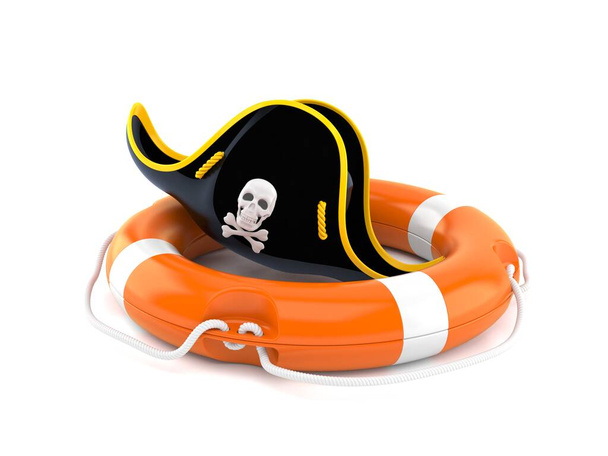 Pirátský klobouk uvnitř životní bóje izolované na bílém pozadí. 3D ilustrace - Fotografie, Obrázek