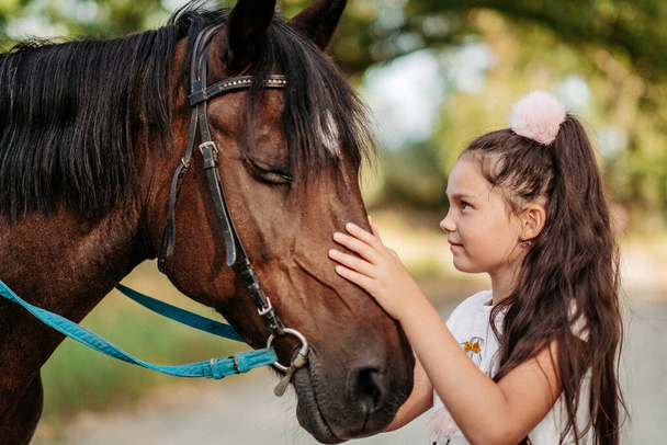 Friendship of a child with a horse. A little girl is affectionately stroking her horse. Walking girls with a horse in the park in autumn. - Фото, зображення