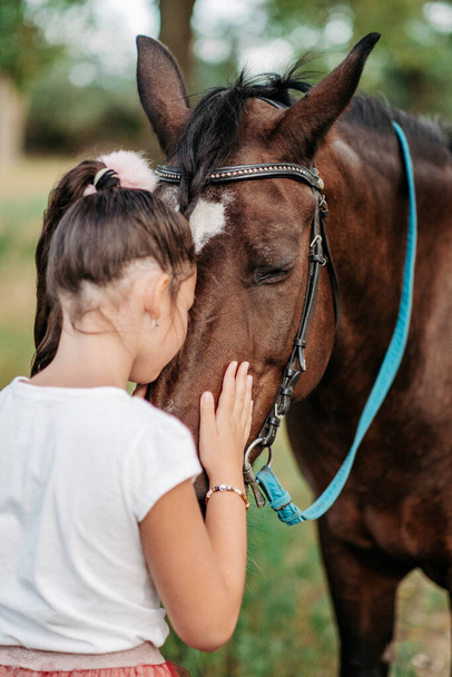 Přátelství dítěte s koněm. Malá holčička láskyplně hladí svého koně. Procházky dívky s koněm v parku na podzim. - Fotografie, Obrázek