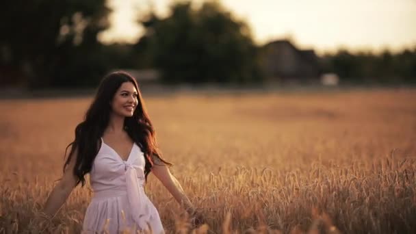 Piękna młoda kobieta cieszy się życiem spacerując po polu pszenicy o zachodzie słońca - Materiał filmowy, wideo