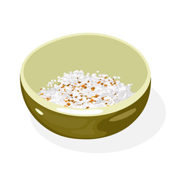 Жареные семена кунжута и арахис в оливково-зеленой чаше. Вкусная азиатская приправа. - Вектор,изображение
