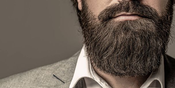 Close up of handsome beard hipster elegant male. Bearded man close up. Beard is his style. Closeup of bearded mans. Male with mustache growing - Foto, immagini