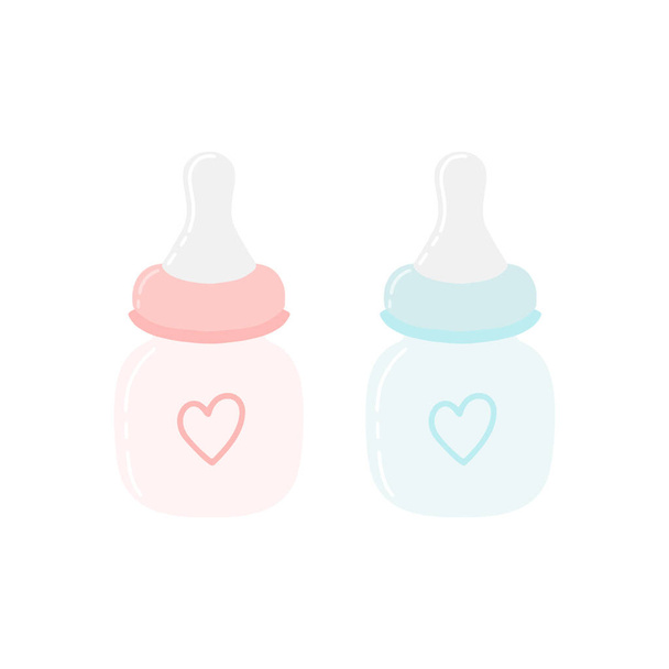 Дитячі пляшки прикрашені серцями. Рожевий для дівчинки, синій для хлопчика
. - Вектор, зображення