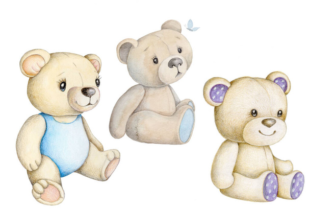 Tatlı oyuncak ayıların suluboya el çizimi. Beyaz arka planda izole edilmiş. Bebek ve çocuk tasarımı için resim. - Fotoğraf, Görsel