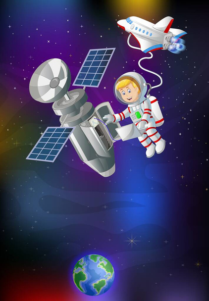 Astronauta legal em terno uniforme branco vermelho com satélite, foguete vaivém de avião e desenhos animados do planeta Terra - Vetor, Imagem
