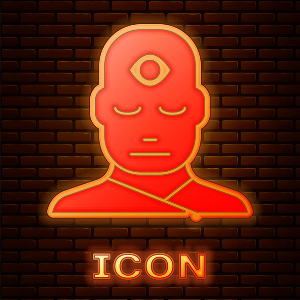 Glowing neon Man with third eye icon isolated on brick wall background. The concept of meditation, vision of energy, aura.  Vector Illustration. - Vector, Image