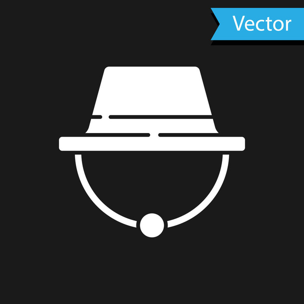 White Camping hat icon isolated on black background. Beach hat panama. Explorer travelers hat for hunting, hiking, tourism.  Vector Illustration. - Vector, Image