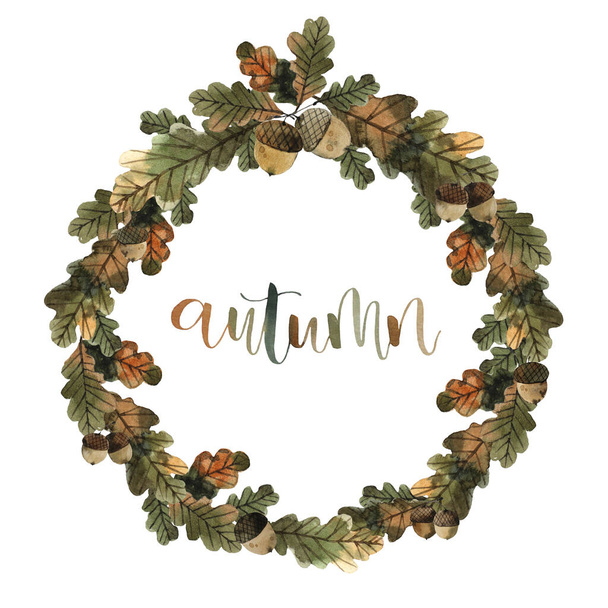 colorful wreath of autumn oak leaves with acorns, lettering watercolor illustration - Photo, Image