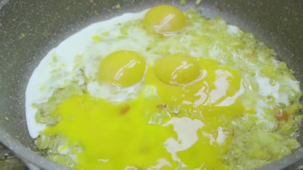 Video al rallentatore di rompere le uova di pollo in una padella con cipolle, spezie e condimenti.Cucinare uova strapazzate, frittata, frittata o uova fritte.Preparazione di alimenti dietetici, cibo vegetariano - Filmati, video