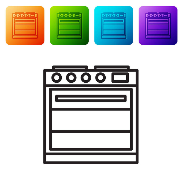 Black line Oven icon isolated on white background. Stove gas oven sign. Set icons in color square buttons. Vector Illustration. - Vector, Image