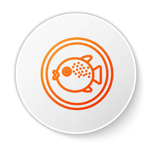 Orange line Puffer fish on a plate icon isolated on white background. Fugu fish japanese puffer fish. White circle button. Vector.. - Vector, Image