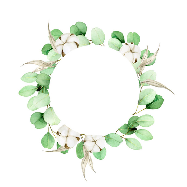watercolor round frame, vignette with eucalyptus leaves and cotton. vintage frame with eucalyptus leaves and branches and cotton flowers. autumn decoration for wedding, postcards, cosmetics - 写真・画像