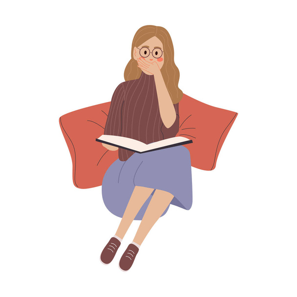 Dívka s knihou na podlaze a s polštáři - Vektor, obrázek