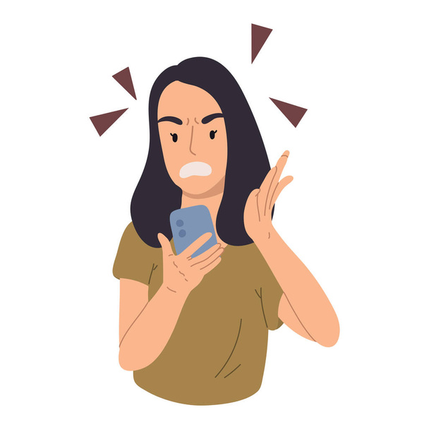 Portraits of angry, furious young woman looks at the phone in green T-shirt isolated on white background. Flat cartoon vector hand drawn illustration. - Vector, Image
