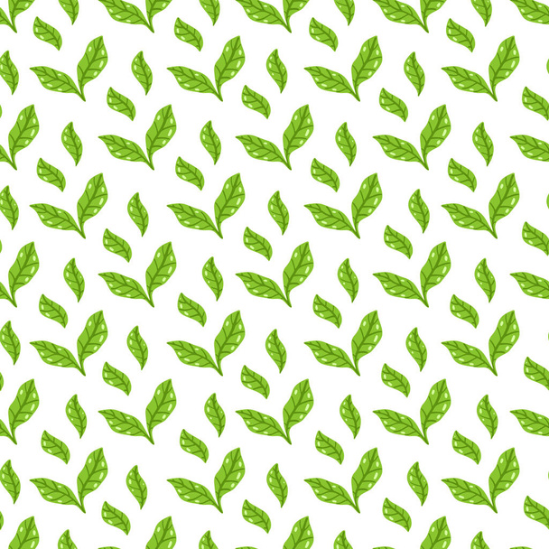 Tea leaves pattern. Seamless floral and herbal pattern. Hand drawn leaf background. Vector illustration. Vector bright print for fabric or packaging. - Vektör, Görsel