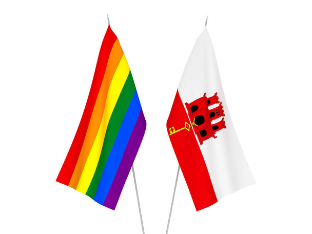 Narodowe flagi tkanin Gibraltaru i tęczy dumy gejów odizolowanych na białym tle. Ilustracja 3d renderowania. - Zdjęcie, obraz