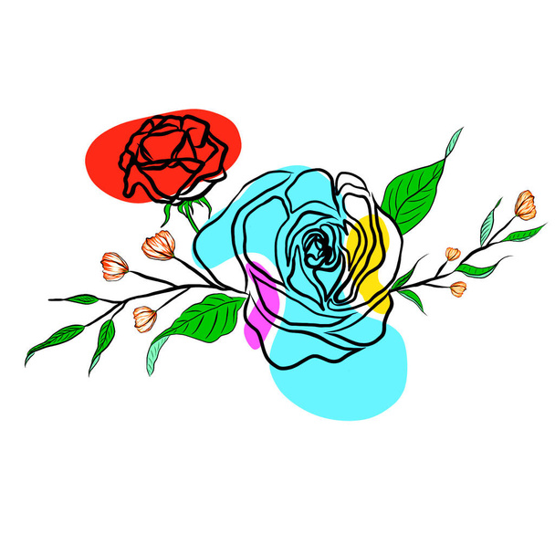 Mooie roos boeket bloemen en groene bladeren groei op witte achtergrond, met de hand getekend, creatief met illustratie in plat ontwerp.Bloemenpatroon, decoratieve serie voor behang.Valentijnsdag concept. - Foto, afbeelding