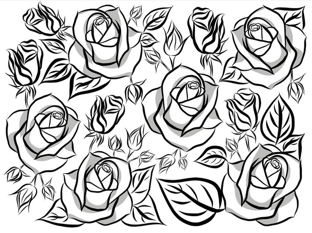 Hermosas flores de ramo de rosas y hojas verdes crecimiento sobre fondo blanco, dibujado a mano, creativo con ilustración en diseño plano.Patrón floral, serie decorativa para wallpaper.Valentine concepto de día. - Foto, imagen