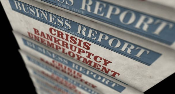 Crisis, bankruptcy and unemployment business news. Daily newspaper print. Vintage paper media press abstract concept. Retro style 3d rendering illustration. Economy and market collapse concept. - Photo, Image
