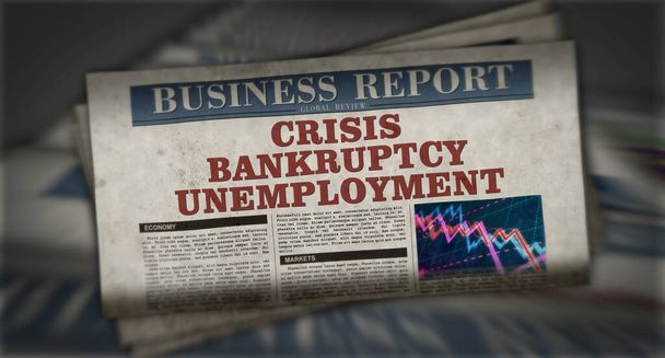 Crisis, bankruptcy and unemployment business news. Daily newspaper print. Vintage paper media press abstract concept. Retro style 3d rendering illustration. Economy and market collapse concept. - Photo, Image