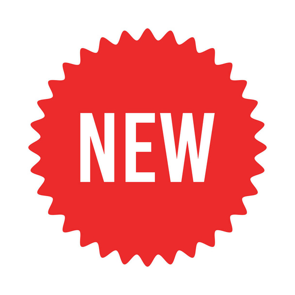 Adesivo starburst rosso con nuovo segno - sole cerchio e stelle Burst badge ed etichette con testo sul nuovo prodotto. - Vettoriali, immagini