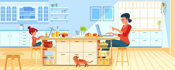Mother with young daughter using laptop in the kitchen at home. Working mom works from home office. Woman and child using laptop. Freelancer workplace in cozy kitchen. Cartoon vector illustration - Vector, Image