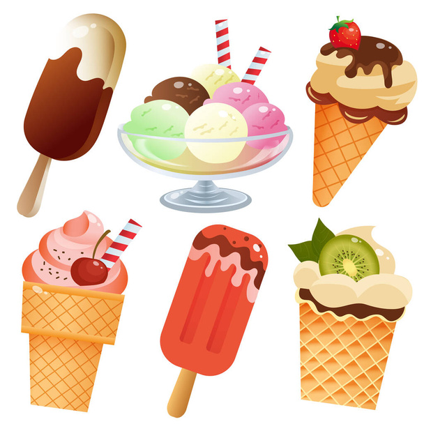 Color images of ice cream on white background. Plombir and fruit ice. Ice cream in a waffle Cup and eskimo. Vector illustration set for kids. - Vector, imagen