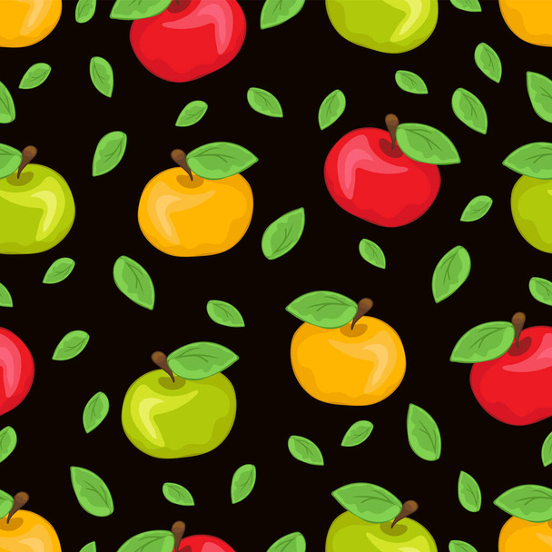Red, yellow and green painted apples and multicolored leaves, colorful juicy fruits on black background. For the fabric design, bright prints, cute wallpapers, wrapping, decoration. Vector illustration - 写真・画像