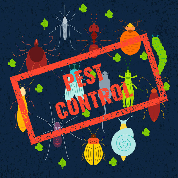 Set of pest insects and damaged leaves with red stamp on dark blue background. Parasitic beetle concept. Perfect for exterminator service companies. Vector illustration. - Вектор,изображение