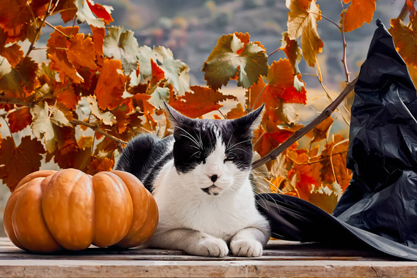 Arrogante grappige kat met Halloween hoed en pompoen op de herfst natuur achtergrond voor celebtation design.Happy halloween. - Foto, afbeelding