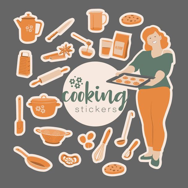 Vectorset keukengereedschap stickers voor kookboeken of stickers.  - Vector, afbeelding