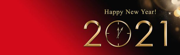 Illustration 2021 Happy New Year background with gold clock. Festive gold 2021 for card, flyer, invitation, placard, voucher, banner. Copy space for text. Banner - Photo, Image