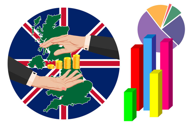Economía y presupuesto de Gran Bretaña, Inglaterra. Dos manos femeninas en un traje de negocios alrededor de monedas de oro en libras esterlinas. Mapa de Gran Bretaña en los colores de la bandera nacional. Símbolo de estabilidad - Vector, Imagen