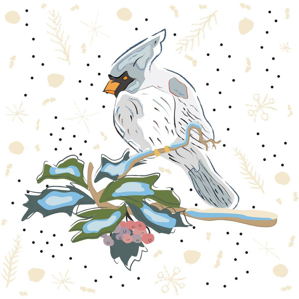 Winter Holiday Greeting Card with Cute Hand Drawn Cardinal Bird on the Rowan Tree. Pastel Blue Background  - Vector, Imagen