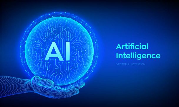 AI. Artificial Intelligence Logo. Artificial Intelligence and Machine Learning Concept. Abstract technology circuit board sphere in hand. Big data technology. Neural networks. Vector illustration - Vector, Image