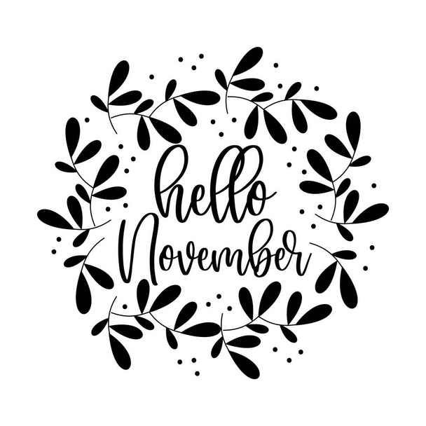 Hello November - greeting in leaf wreath. Good for template, banner, poster, card, home decor, and other design. - Vettoriali, immagini