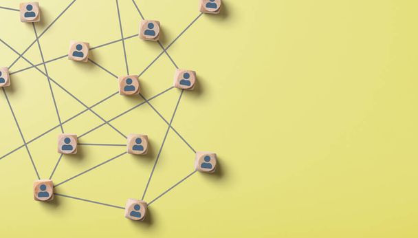 Abstract sociaal netwerk op een gele achtergrond met kopieerruimte - Foto, afbeelding
