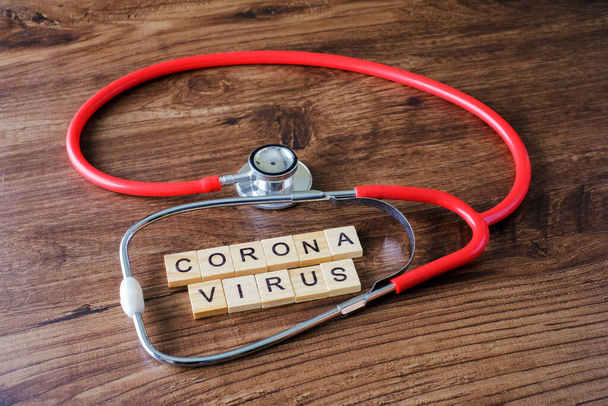 Tekstowe wyrażenie Coronavirus na drewnianym tle ze sprzętem medycznym. Nowy koronawirus 2019-nCoV Bliskowschodni zespół oddechowy koronawirus. - Zdjęcie, obraz
