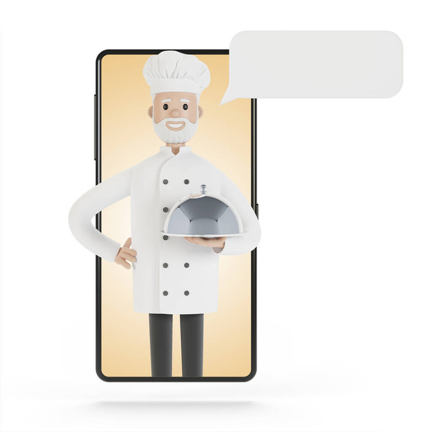 Chef at the smartphone screen. Online cooking courses, proper cooking. Delivery from the restaurant 3D illustration in cartoon style. - Photo, Image