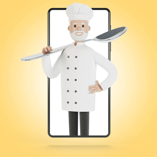 Chef na tela do smartphone. Cursos de culinária on-line, cozinha adequada. Entrega do restaurante ilustração 3D em estilo cartoon. - Foto, Imagem