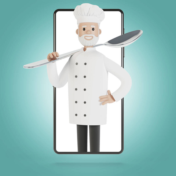 Chef en la pantalla del smartphone. Cursos de cocina en línea, cocina adecuada. Entrega del restaurante Ilustración 3D en estilo de dibujos animados. - Foto, imagen
