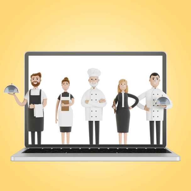 Restaurantmitarbeiter am Laptop-Bildschirm. Lieferung aus dem Restaurant 3D-Illustration im Cartoon-Stil. - Foto, Bild